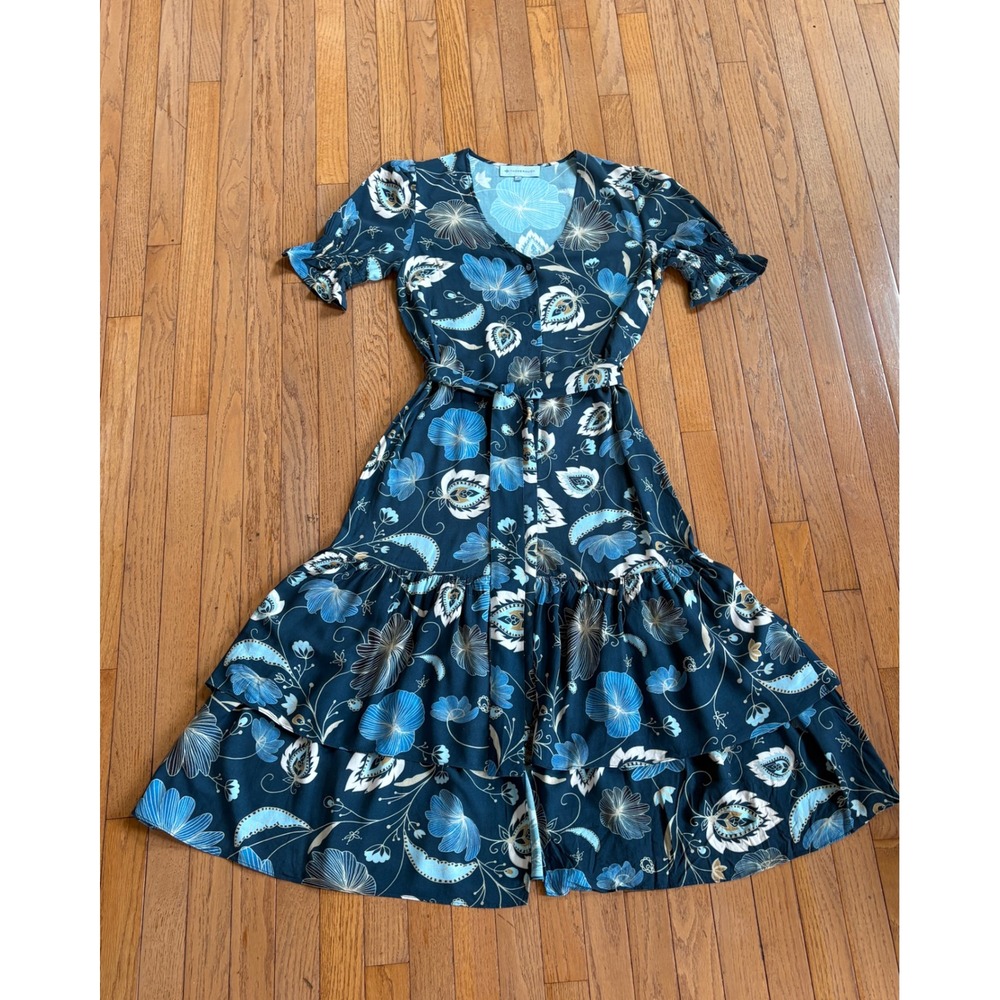 Tuckernuck Floral Willa Dress Tiered Peplum Ruffle Belted Small Blue Cottagecore
